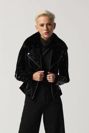 Joseph Ribkoff Shiny Leather Fuzzy Neck Jacket 233928