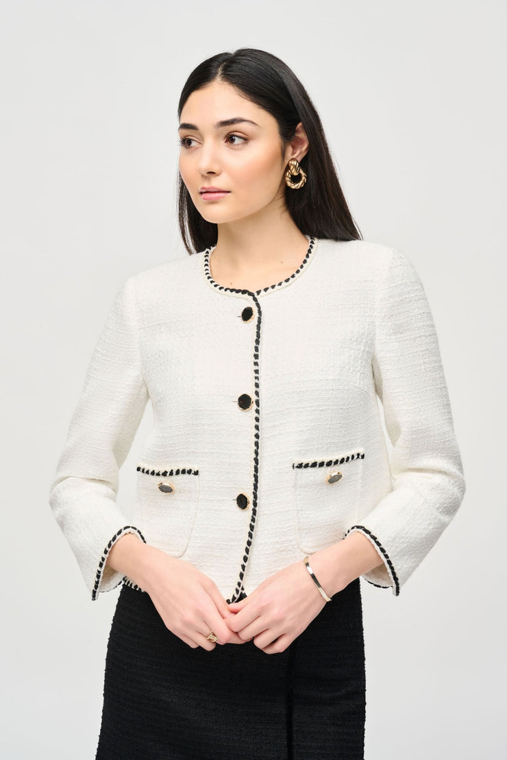 Joseph Ribkoff Winter White Boucle’ Jacket Black Piping 243911