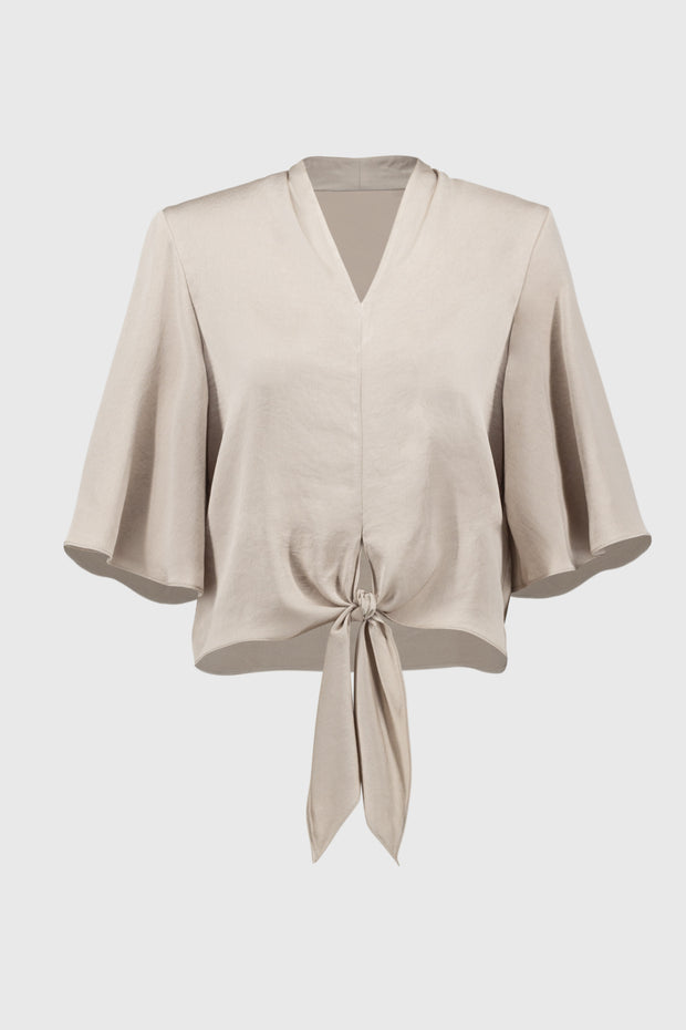 Jospeph Ribkoff Satin V-Neck Top with Front Tie-251253-parchment