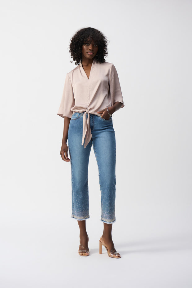 Jospeph Ribkoff Satin V-Neck Top with Front Tie-251253-parchment