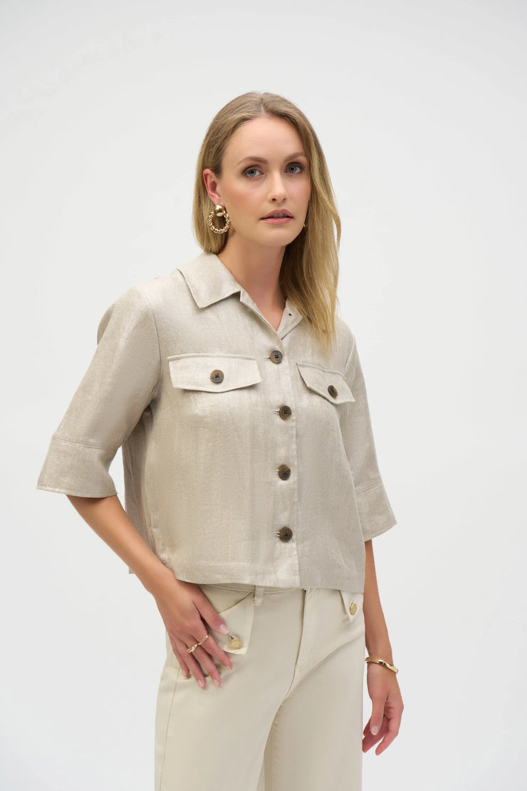 Joseph Ribkoff Foiled Linen Blend Short Sleeve Boxy Jacket 252921