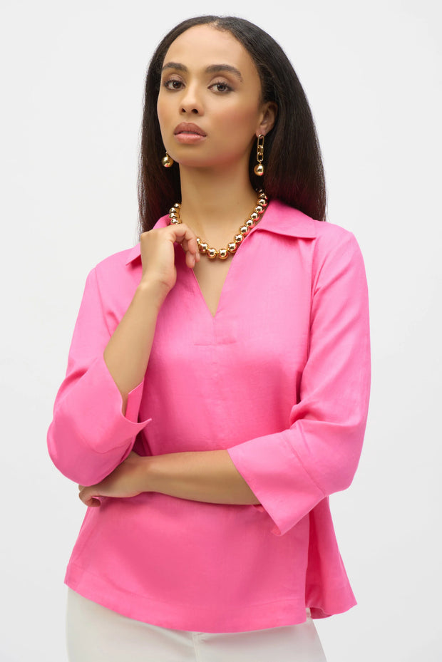 Joseph Ribkoff Linen Boxy Top with Shirt Collar—Bubble Gum pink  252933