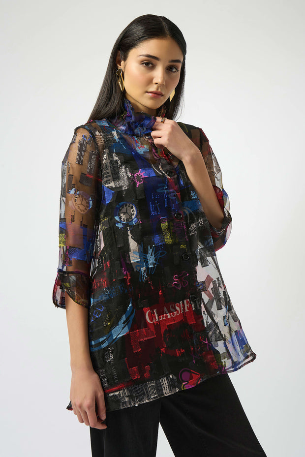 Joseph Ribkoff Burnout Organza Word Print Long Blouse SKU#253254