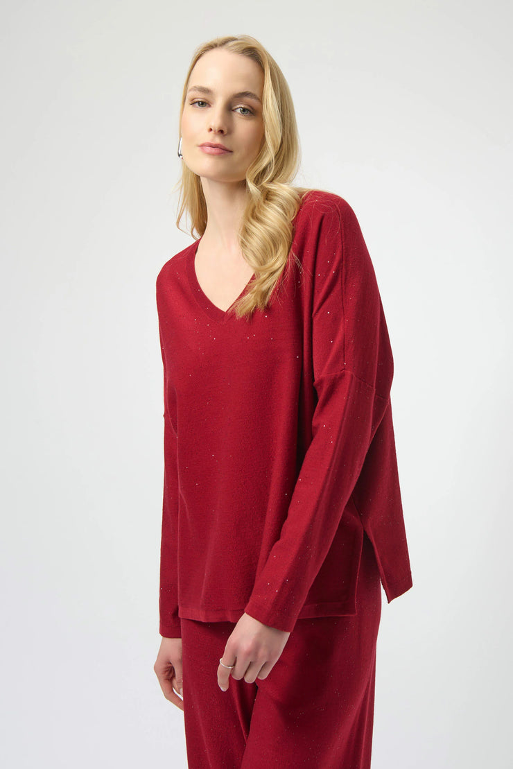Joseph Ribkoff Sequined Sweater Knit Boxy Top Red SKU 244921F25