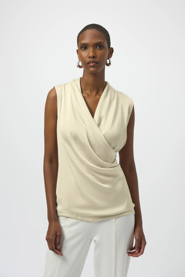 Joseph Ribkoff Recycled Satin & Silky Knit Sleeveless Wrap Top SKU 254215