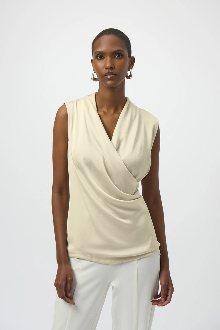 Joseph Ribkoff Recycled Satin & Silky Knit Sleeveless Wrap Top SKU 254215