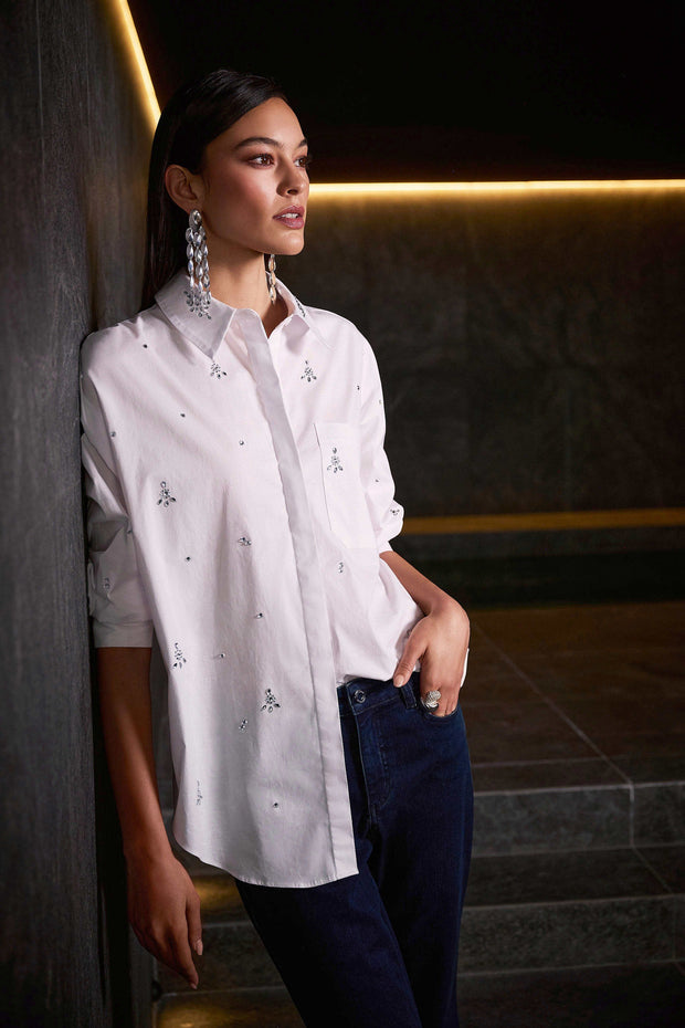 Joseph Ribkoff Stretch Poplin Boxy Blouse with Rhinestones 254924