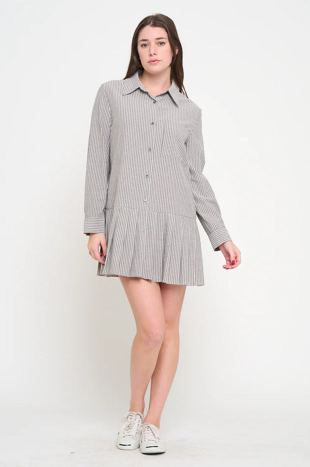 Meet Me In Santorini Black Stripe Pleat Shirt Dress SKU MS1655D-BSP