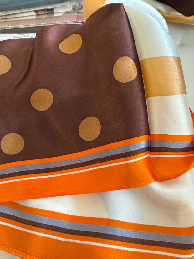 Silk Scarf Printed Polka dots in orange, brown and cream