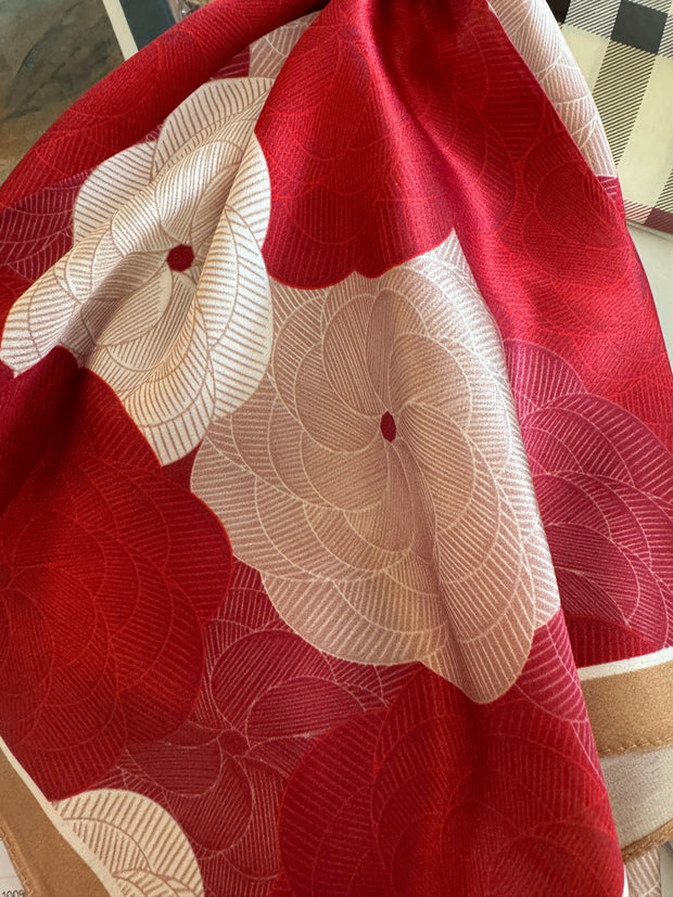 Silk Scarf Red and beige flower