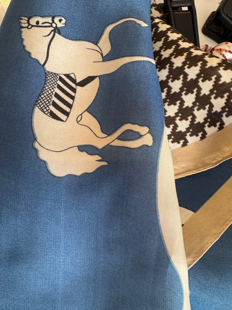 Silk Scarf Blue Vintage horse with tan