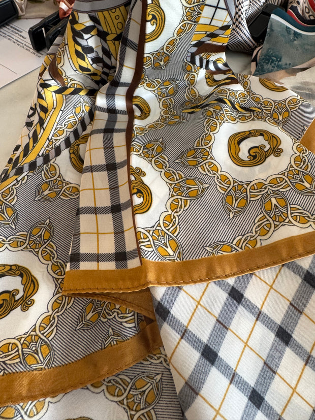 Silk Scarf Plaid/lions/crowns/ gold/black/brown
