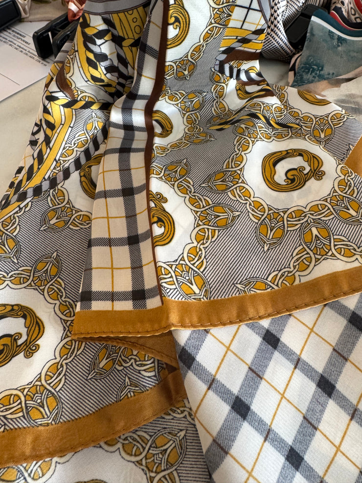 Silk Scarf Plaid/lions/crowns/ gold/black/brown