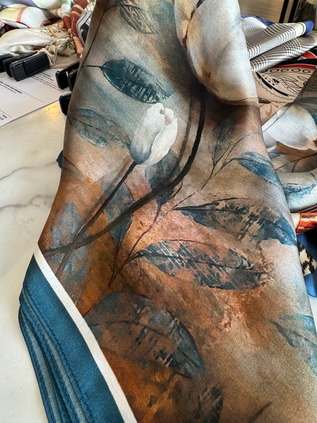 Silk Scarf Watercolor Painting /flowers/blue/creams