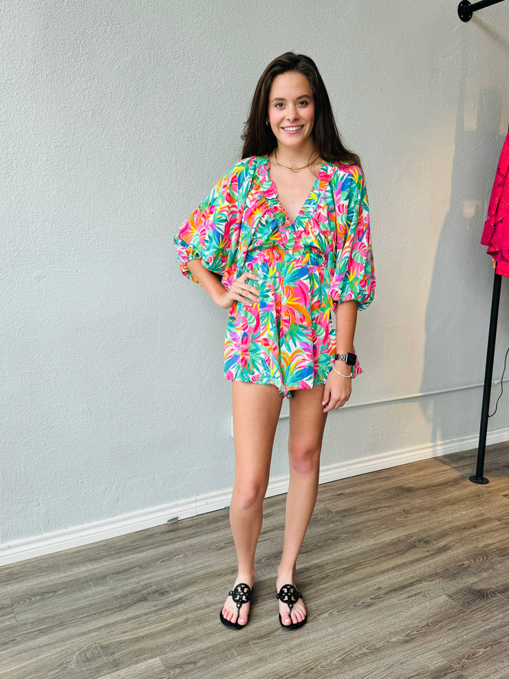 Meet Me In Santorini Ada Palm Leaf Print Mini Romper