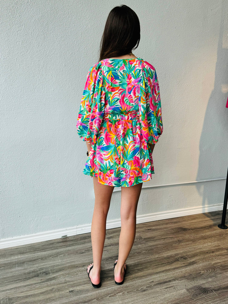 Meet Me In Santorini Ada Palm Leaf Print Mini Romper