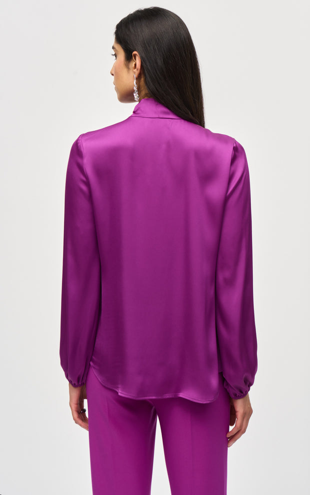 Joseph Ribkoff Empress Pink Satin Blouse Bow Neckline 243022