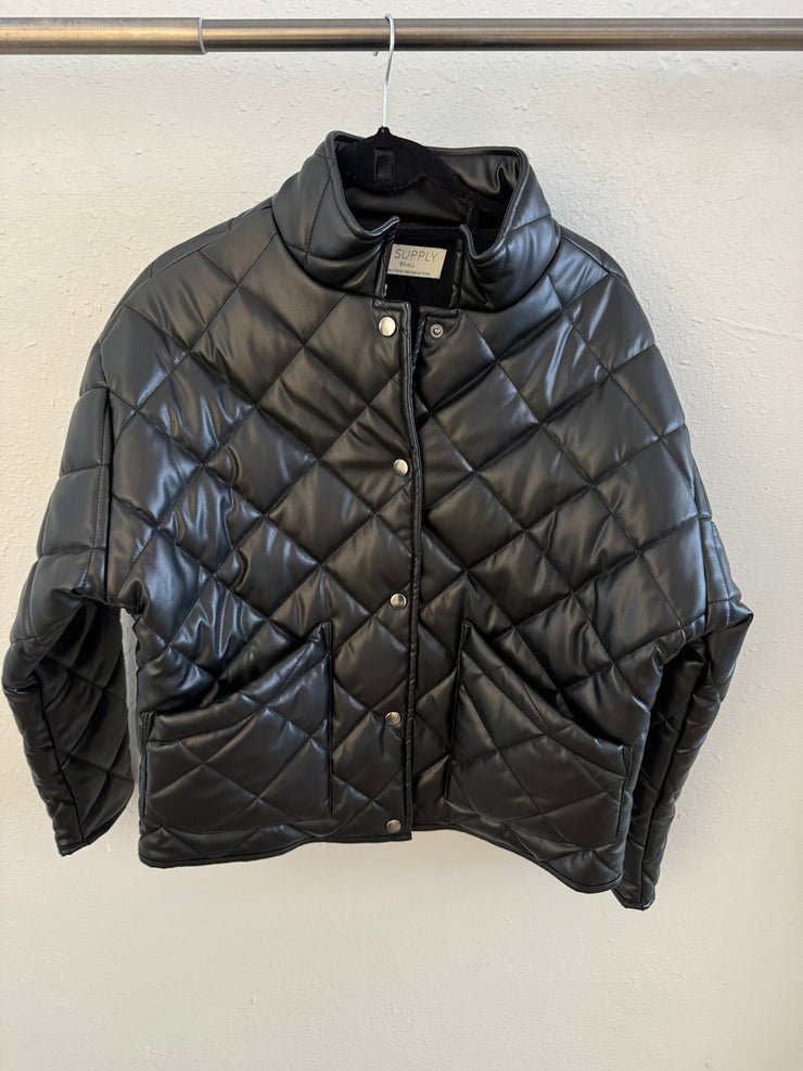 Z Supply Heritage Faux Leather Puffy Jacket Black